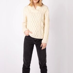 Irelandseye Wool Cashmere Shawl Collar Cable Knit Sweater Tan Size Small